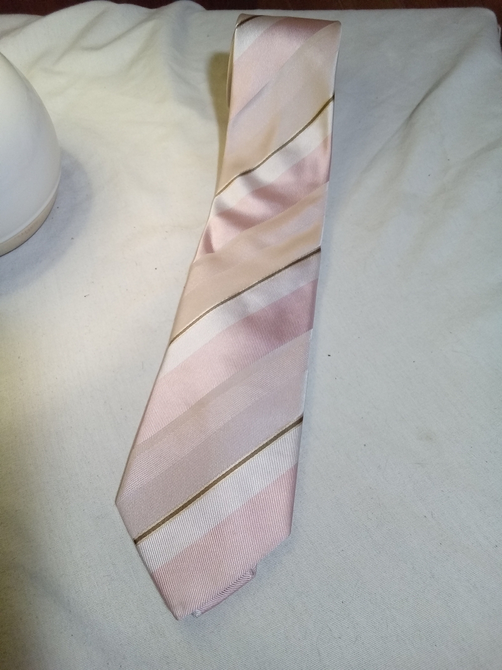 Hugo Boss 100% Silk, Made In Italy.Pink, Cream and Gold Striped Tie